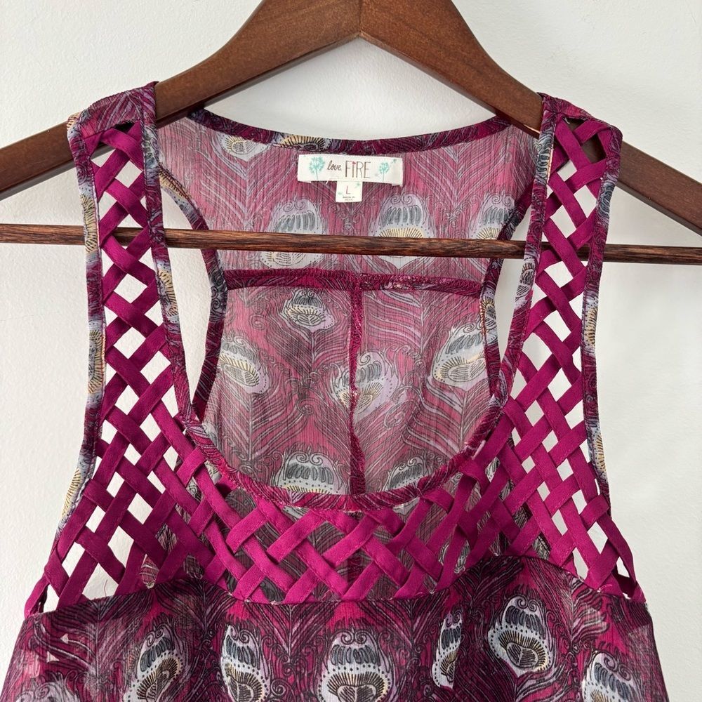 Love Fire Boho Peacock Print Lattice Tank Top Size L Whimsigoth Festival Sheer - Picture 3 of 11